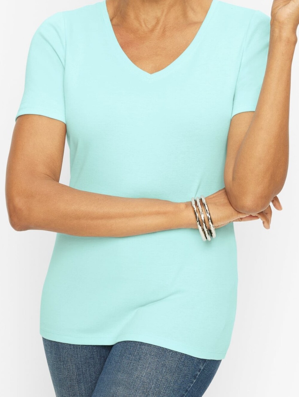 Talbots Pima Cotton V Neck Tee Mint Aqua Blue Seaform Medium Petite MP